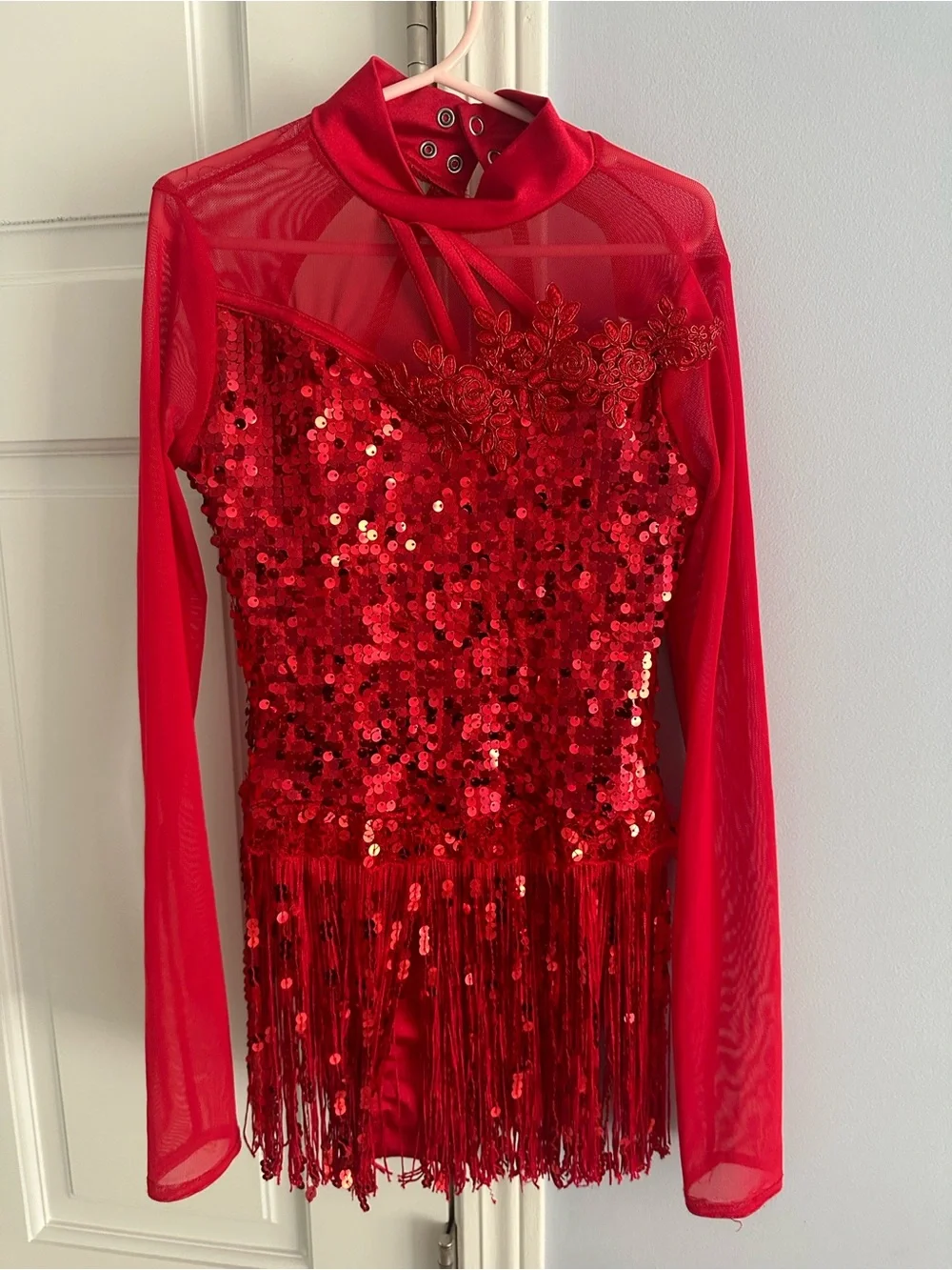 Weissman Red Sequin Fringe Dance Costume with Long Sleeves